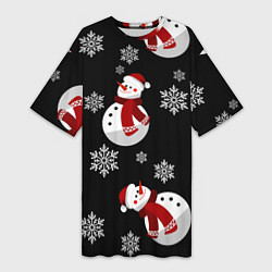 Женская длинная футболка Снеговички в зимних шапочках со снежинками