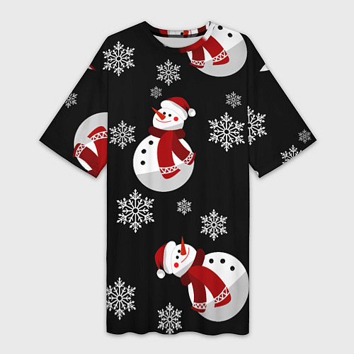 Женская длинная футболка Снеговички в зимних шапочках со снежинками / 3D-принт – фото 1