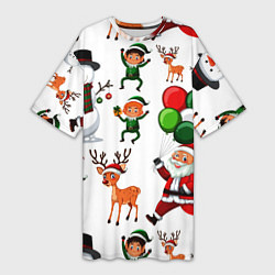 Женская длинная футболка Зимний праздник - деды морозы гномы олени
