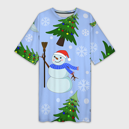 Женская длинная футболка Снеговики с новогодними елками паттерн / 3D-принт – фото 1