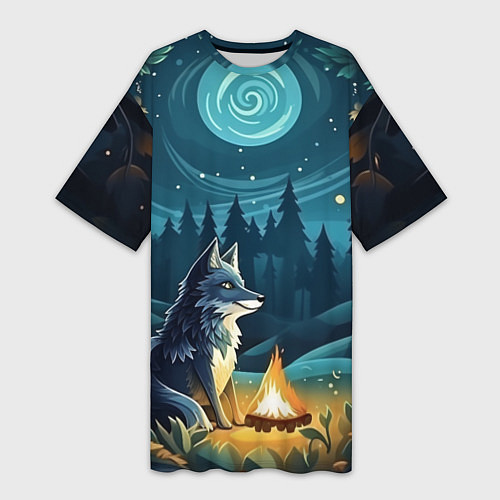 Женская длинная футболка Волк у костра в стиле фолк-арт / 3D-принт – фото 1