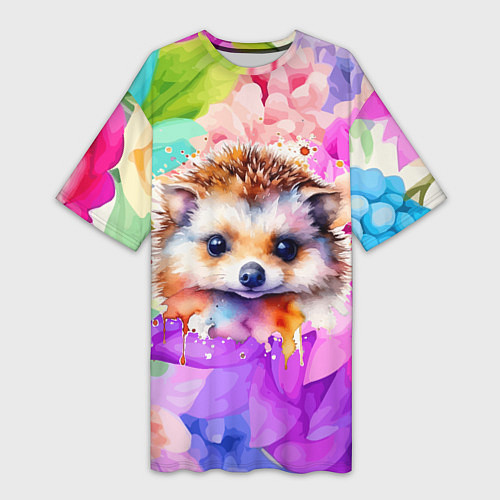Женская длинная футболка Ежик в цветах / 3D-принт – фото 1