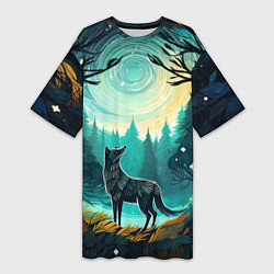 Женская длинная футболка Волк в ночном лесу фолк-арт