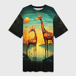 Женская длинная футболка Жирафы в стиле фолк-арт