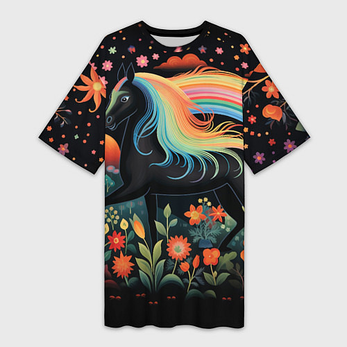 Женская длинная футболка Лошадка с радужной гривой в стиле фолк-арт / 3D-принт – фото 1