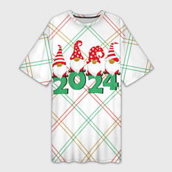 Футболка женская длинная Новогодние гномы 2024, цвет: 3D-принт