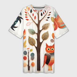 Женская длинная футболка Совы в осеннем лесу в стиле фолк-арт