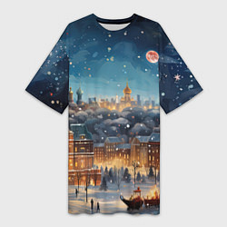 Женская длинная футболка Ночной новогодний город