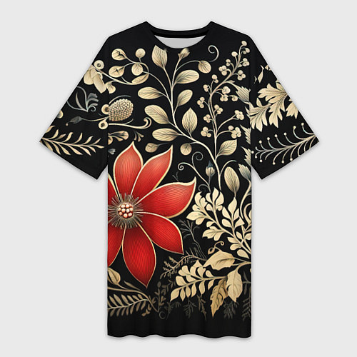 Женская длинная футболка Новогодние цветы и листья / 3D-принт – фото 1