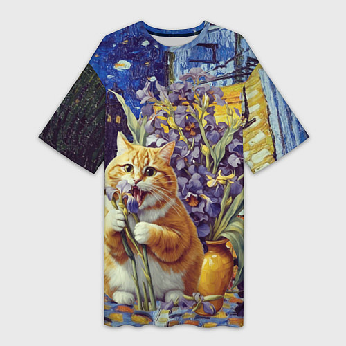 Женская длинная футболка Толстый рыжий кот Ван Гога / 3D-принт – фото 1