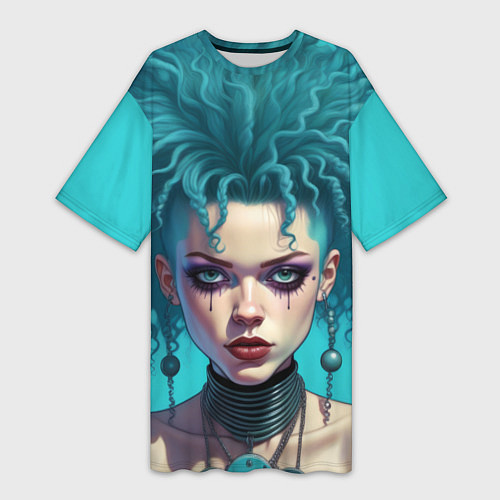 Женская длинная футболка Девушка панк с синими волосами / 3D-принт – фото 1