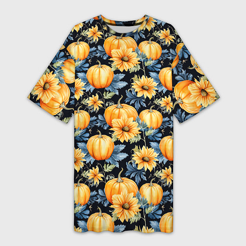 Женская длинная футболка Паттерн тыквы и цветы / 3D-принт – фото 1