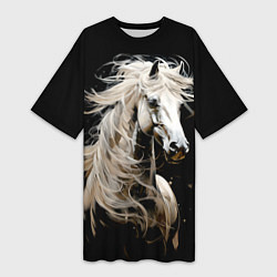 Женская длинная футболка Лошадь белая в ночи