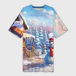 Женская длинная футболка Новогодняя деревня и снеговик