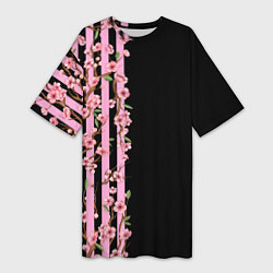 Футболка женская длинная Сакура и полосы, цвет: 3D-принт