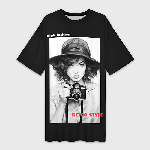 Женская длинная футболка Брюнетка с ретро камерой / 3D-принт – фото 1
