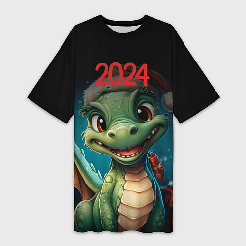 Женская длинная футболка 2024 Зеленый дракон новый год / 3D-принт – фото 1