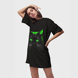 Футболка женская длинная Черный кот в зеленом свечении, цвет: 3D-принт — фото 2