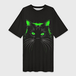 Футболка женская длинная Черный кот в зеленом свечении, цвет: 3D-принт