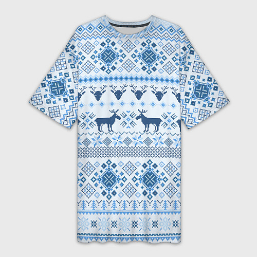 Женская длинная футболка Blue sweater with reindeer / 3D-принт – фото 1