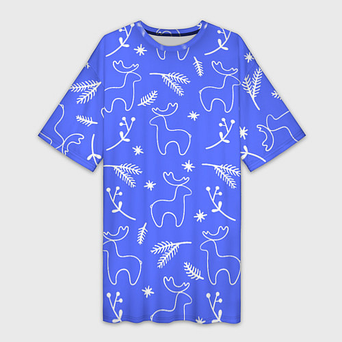 Женская длинная футболка Синий рождественский принт с оленями / 3D-принт – фото 1