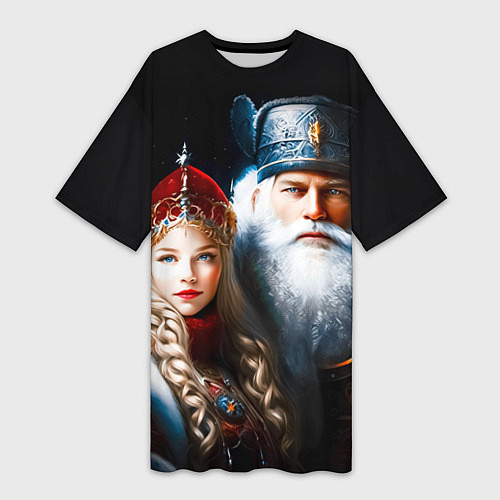 Женская длинная футболка Дед Мороз и Снегурочка в русских нарядах / 3D-принт – фото 1