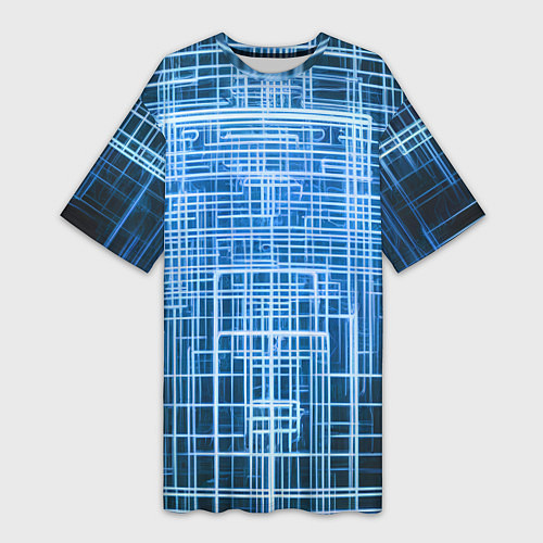 Женская длинная футболка Синие неоновые полосы киберпанк / 3D-принт – фото 1