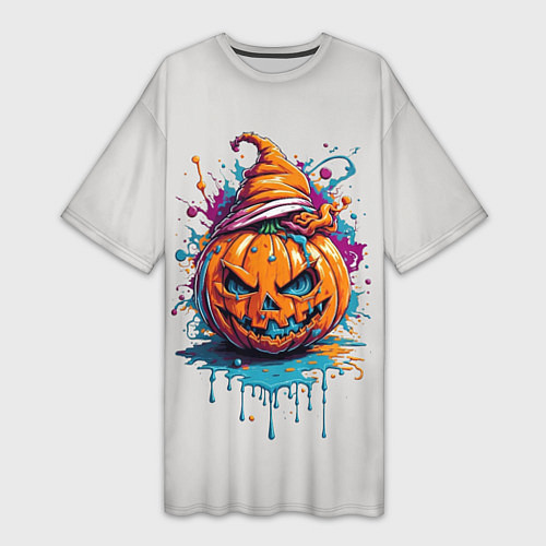 Женская длинная футболка Хэллоуинская тыква в красках / 3D-принт – фото 1