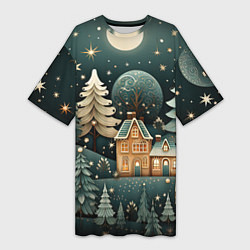 Женская длинная футболка Снежная деревня в праздничном наряде