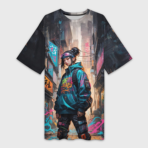 Женская длинная футболка Японская девушка в худи / 3D-принт – фото 1