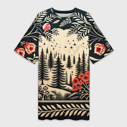 Женская длинная футболка Новогодний лес с узорами