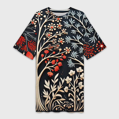 Женская длинная футболка Новогодние узоры и деревья / 3D-принт – фото 1