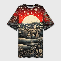 Женская длинная футболка Новогодняя сказка зимний рисунок