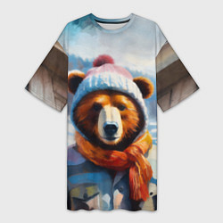 Женская длинная футболка Бурый медведь в зимней одежде