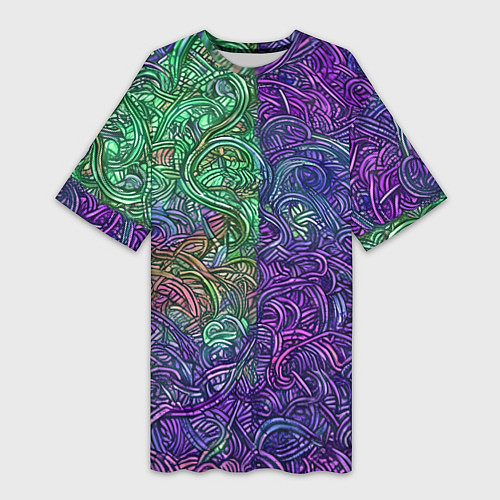 Женская длинная футболка Вьющийся узор фиолетовый и зелёный / 3D-принт – фото 1