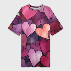 Женская длинная футболка Много акварельных сердец