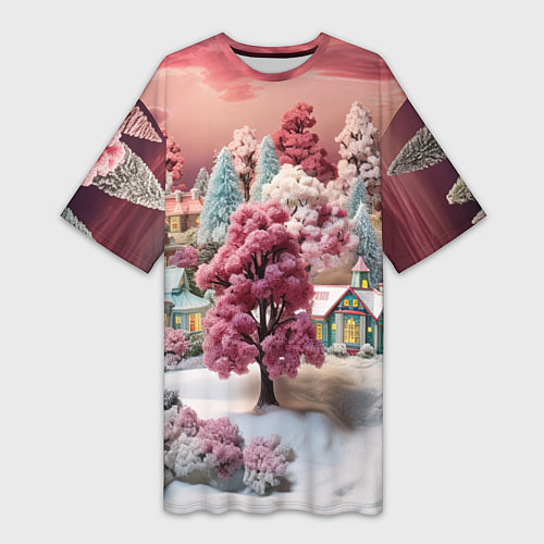 Женская длинная футболка Зимний закат новый год / 3D-принт – фото 1