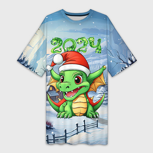 Женская длинная футболка Милый зеленый дракончик 2024 / 3D-принт – фото 1