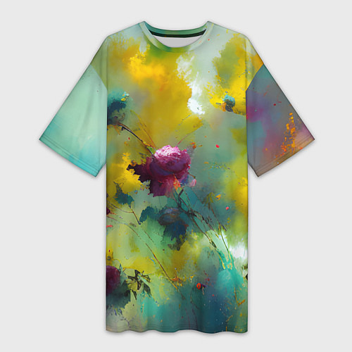 Женская длинная футболка Абстрактные розы в пятнах краски / 3D-принт – фото 1