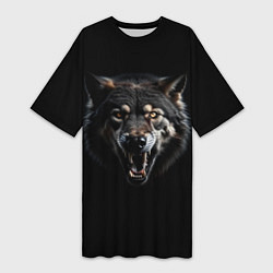Футболка женская длинная Волк чёрный хищник, цвет: 3D-принт
