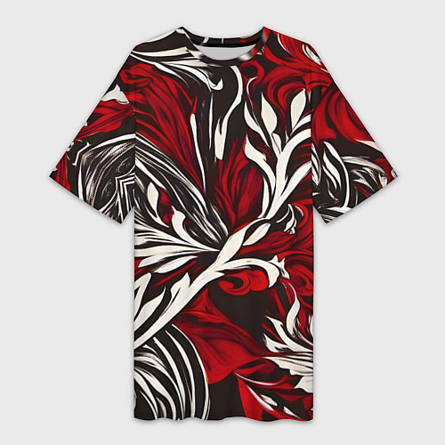 Женская длинная футболка Красно белый узор на чёрном фоне / 3D-принт – фото 1