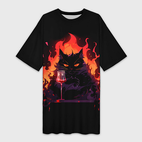 Женская длинная футболка Кот Бегемот с вином / 3D-принт – фото 1