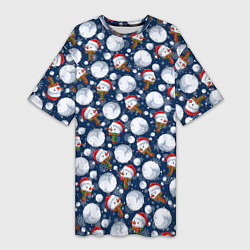 Женская длинная футболка Весёлые снеговики - паттерн