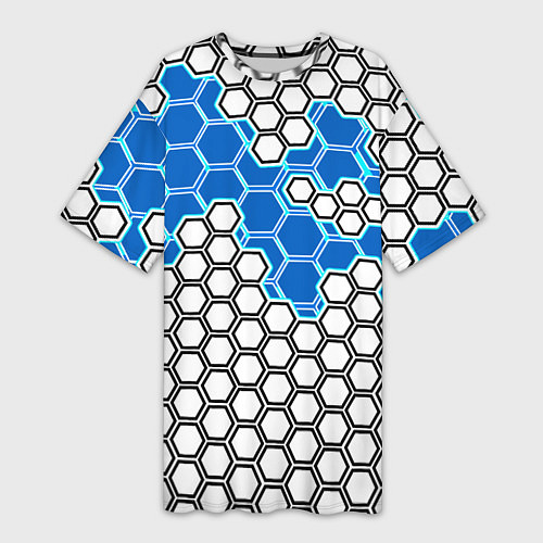 Женская длинная футболка Синяя энерго-броня из шестиугольников / 3D-принт – фото 1