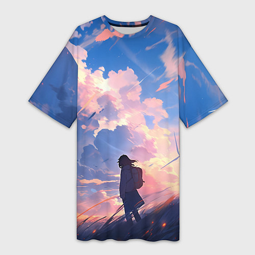 Женская длинная футболка Девушка на фоне ветряков / 3D-принт – фото 1
