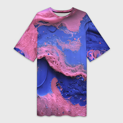Женская длинная футболка Розовая пена на синей краске / 3D-принт – фото 1
