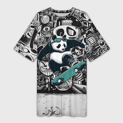 Женская длинная футболка Скейтбордист панда на фоне граффити / 3D-принт – фото 1