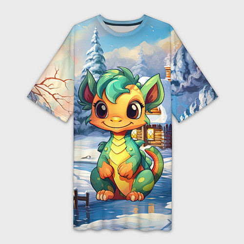 Женская длинная футболка Крошечный дракон зимы 2024 / 3D-принт – фото 1