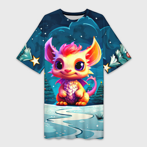 Женская длинная футболка Маленький пушистый дракошка / 3D-принт – фото 1