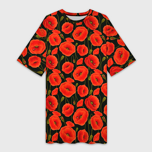 Женская длинная футболка Полевые цветы маки / 3D-принт – фото 1